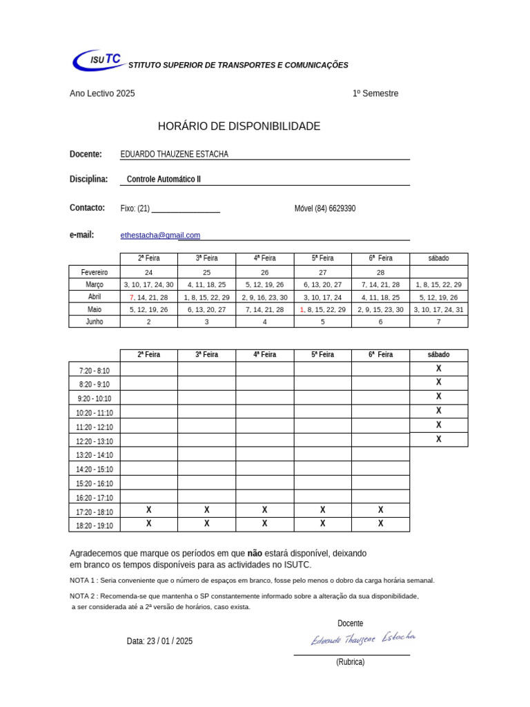 Horário de Disponibilidade - Controle II | PDF