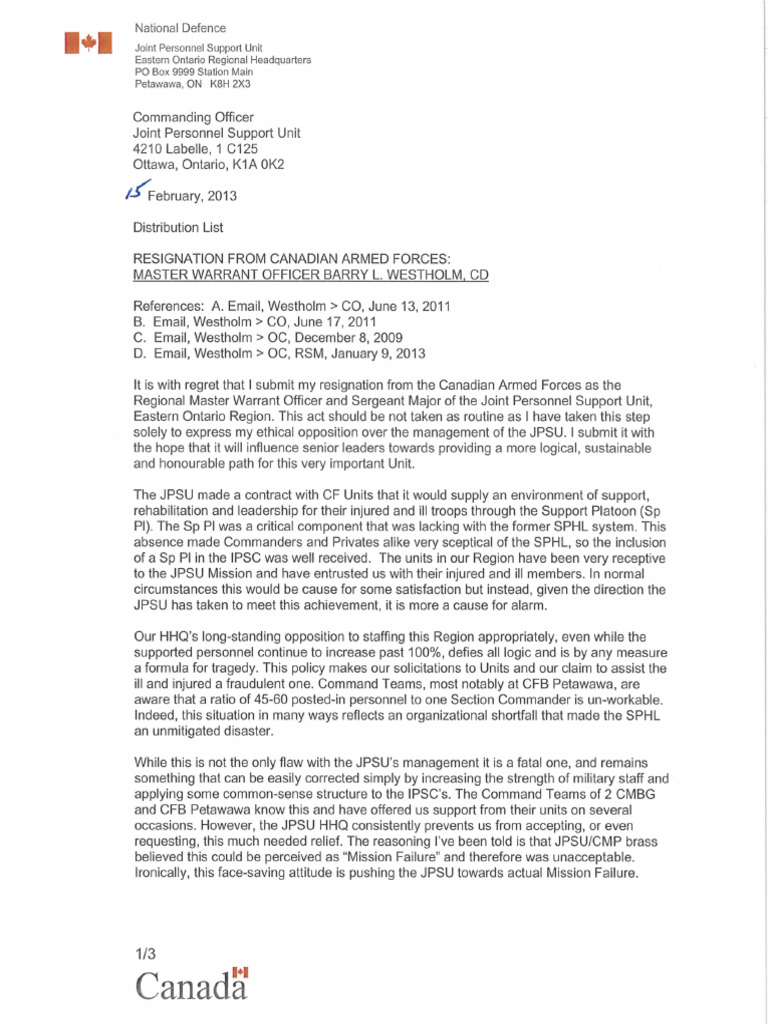 Letter of Resignation MWO Westholm GG PL Comd 2013 | PDF