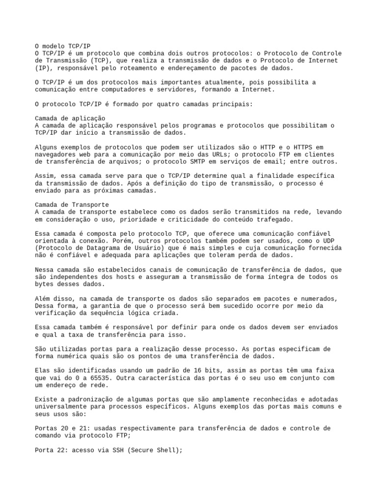 Entendendo o Modelo TCP/IP em Redes | PDF | Suíte de protocolo de ...