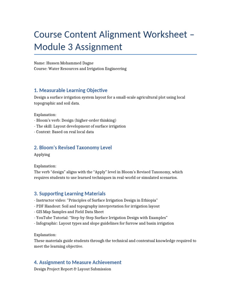 Module 3 Course Content Alignment Hussen Mohammed Dagne | PDF