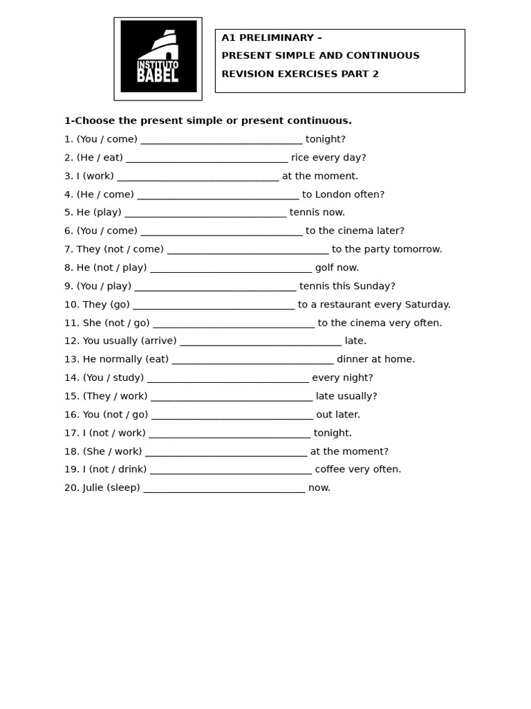 A1 Grammar Exercises: Present Simple & Continuous | PDF | Chess ...