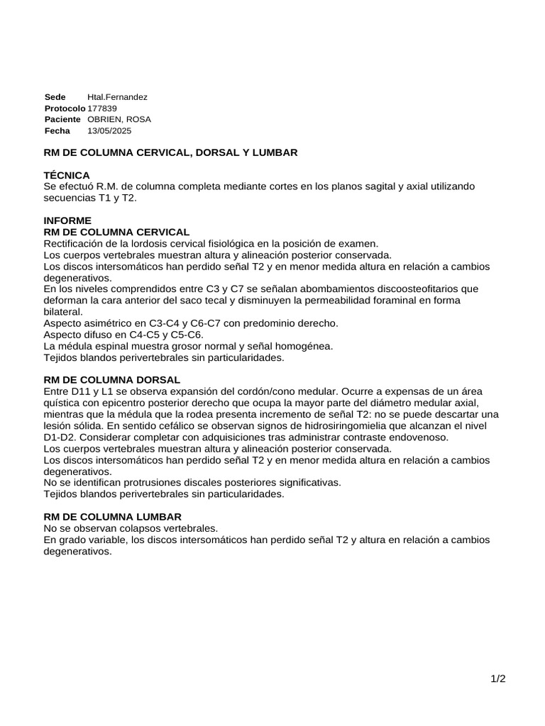 RM de Columna Cervical, Dorsal Y Lumbar Técnica: Htal - Fernandez | PDF ...