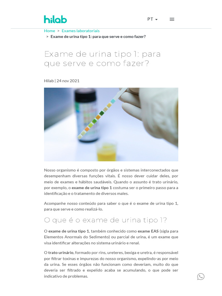 Exame de Urina Tipo 1: Finalidade e Procedimento | PDF | Infecção do ...