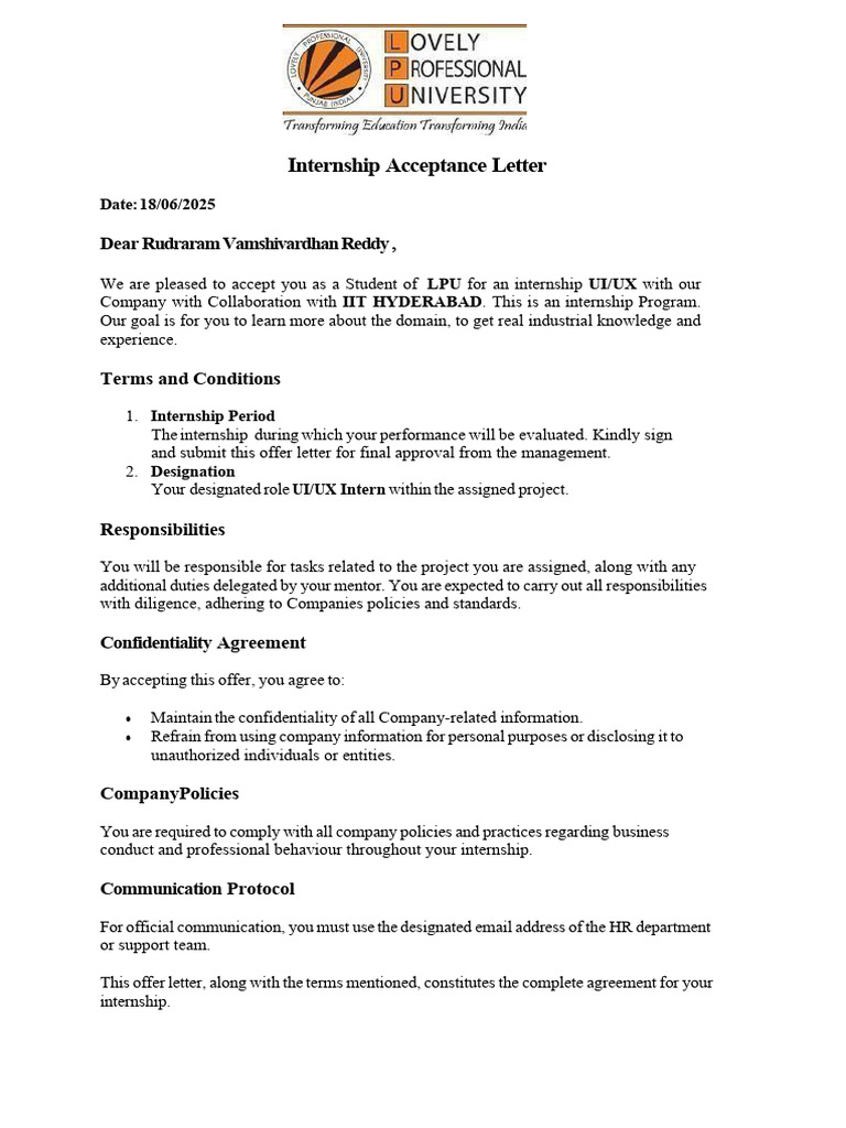 Internship Acceptance Letter for UI/UX Role | PDF