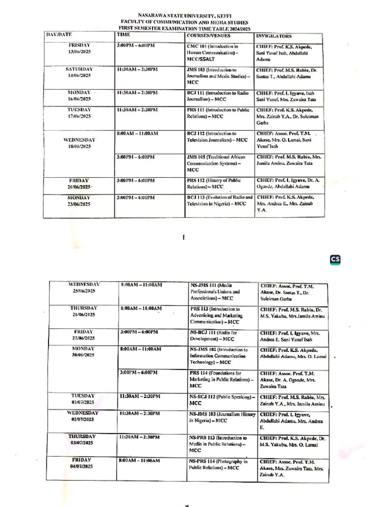 First Semester Examination Time Table 100 Level | PDF