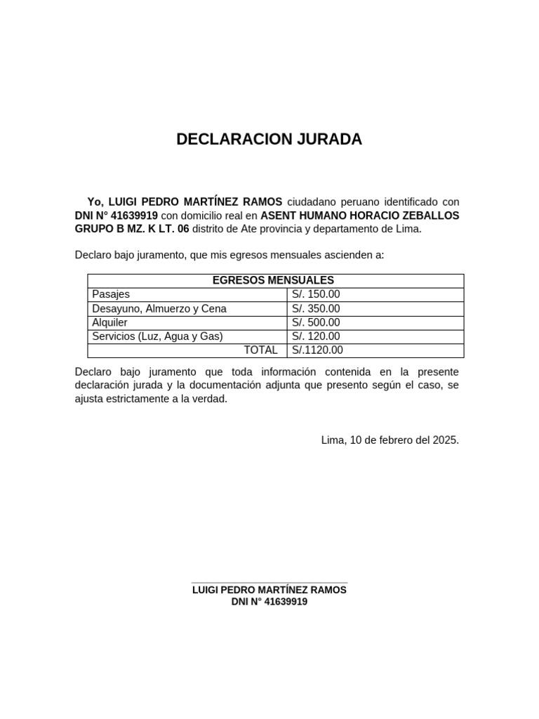 Declaracion Jurada de Egresos Luigi | PDF
