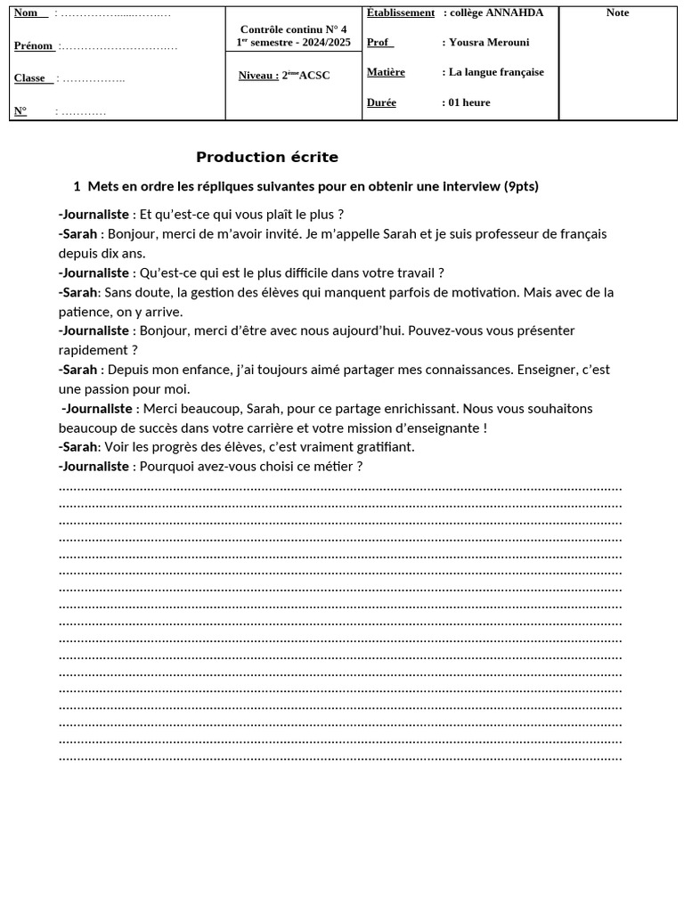 Contrôle continu : Interview en français | PDF
