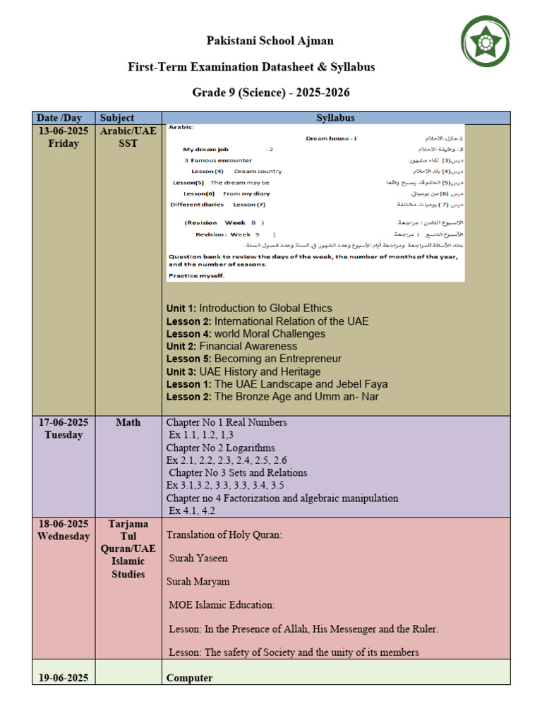 g9 Science First Term Datesheet 2025 1638 | PDF