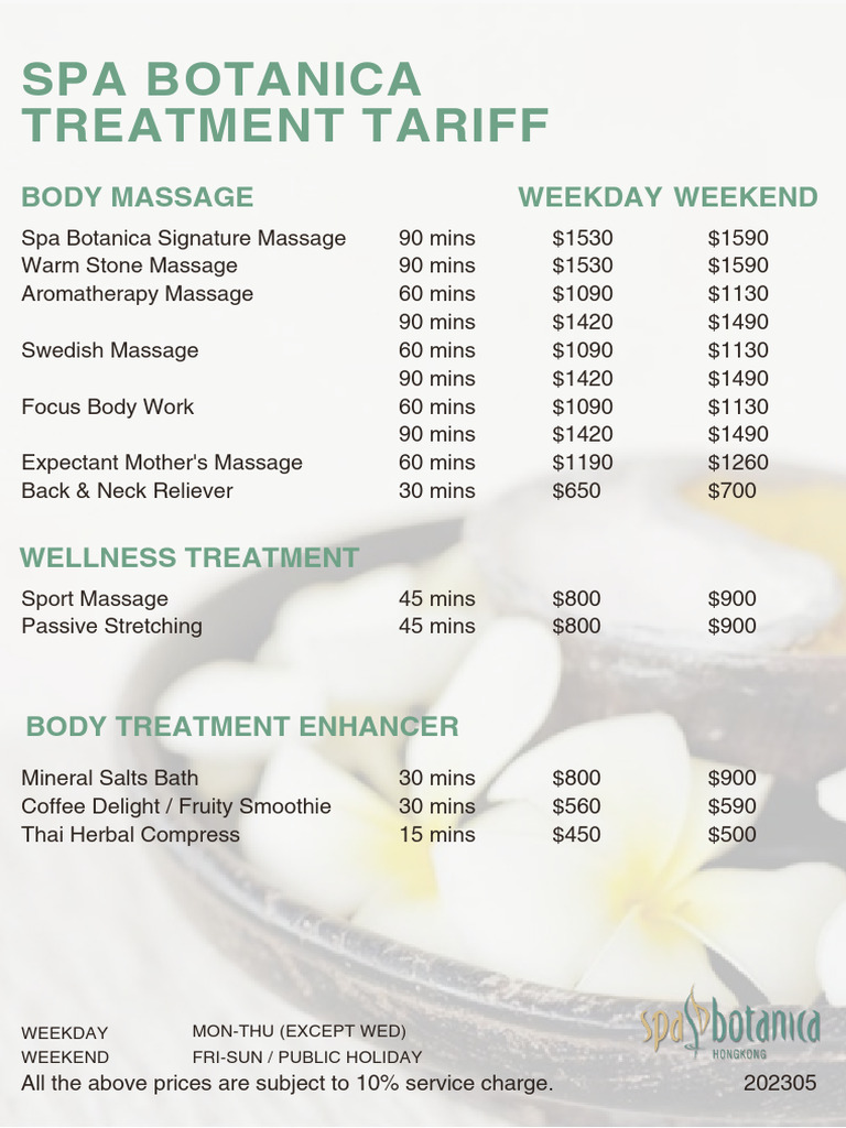 Spa Botanica Treatment Price List | PDF | Medicine | Alternative Medicine