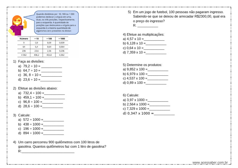 Divisões e Multiplicações por 10, 100 e 1000 | PDF