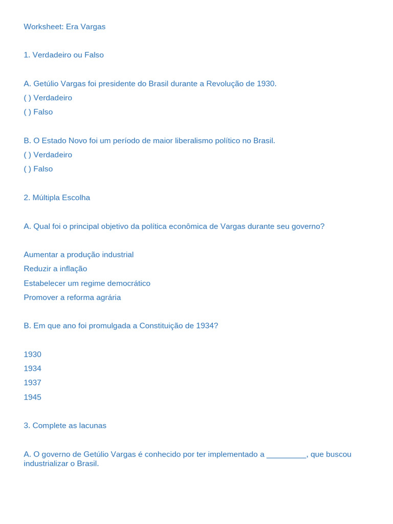 Worksheet sobre a Era Vargas no Brasil | PDF