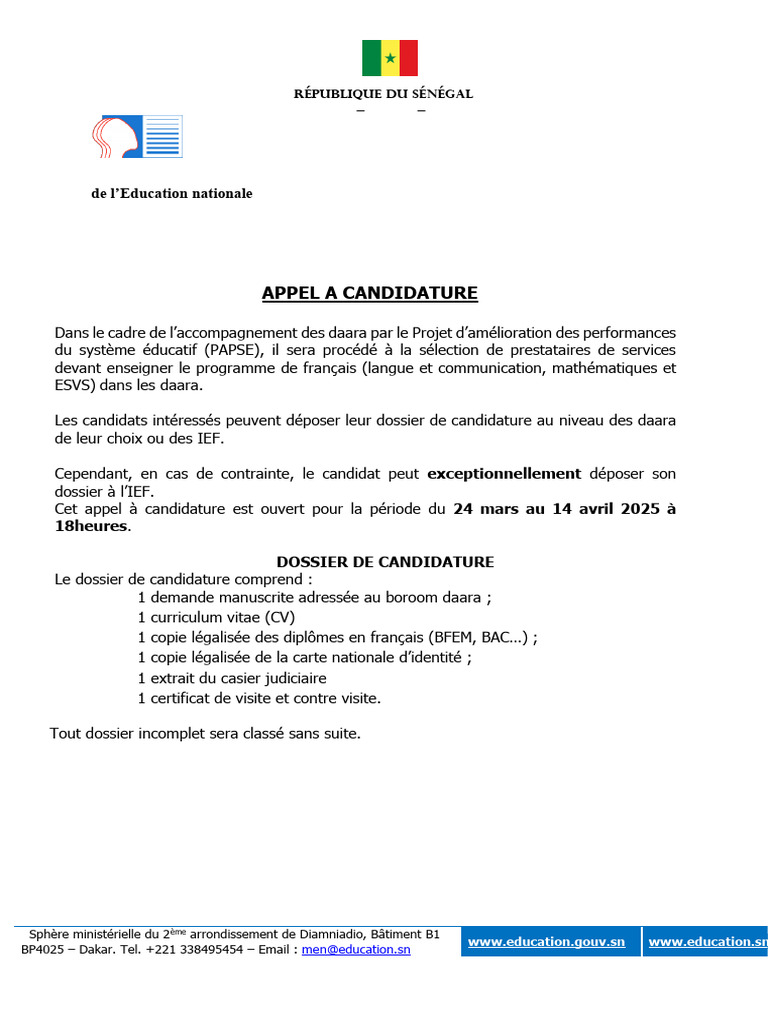 Appel à candidature pour enseignants 2025 | PDF