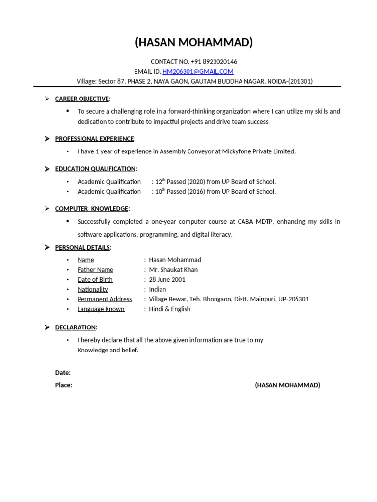 Hasan Mohammad's CV Summary | PDF