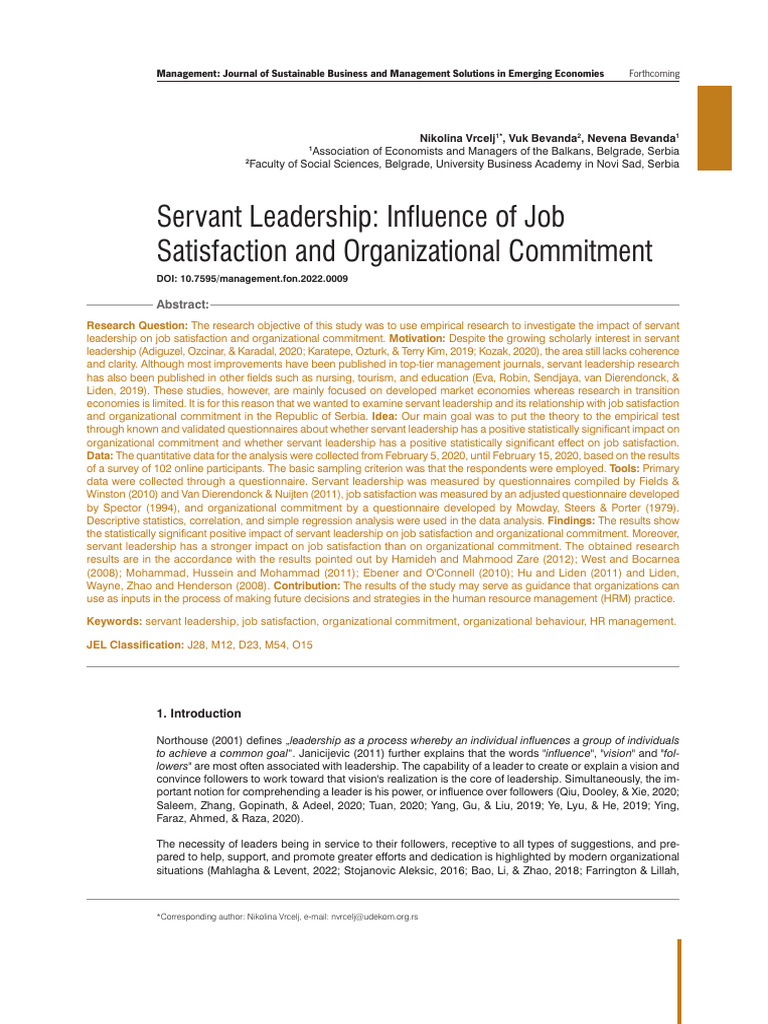Servant Leadership Influence of Job Satisfaction A | PDF | Leadership ...