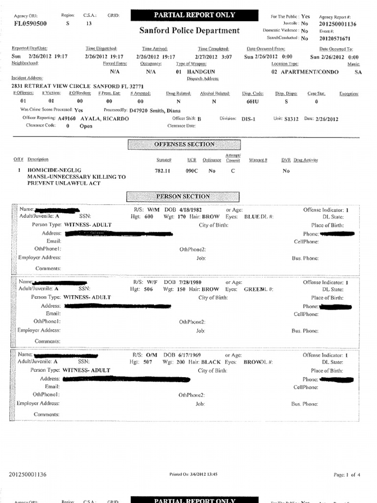 Sanford, FL Police Report On Trayvon Martin | PDF