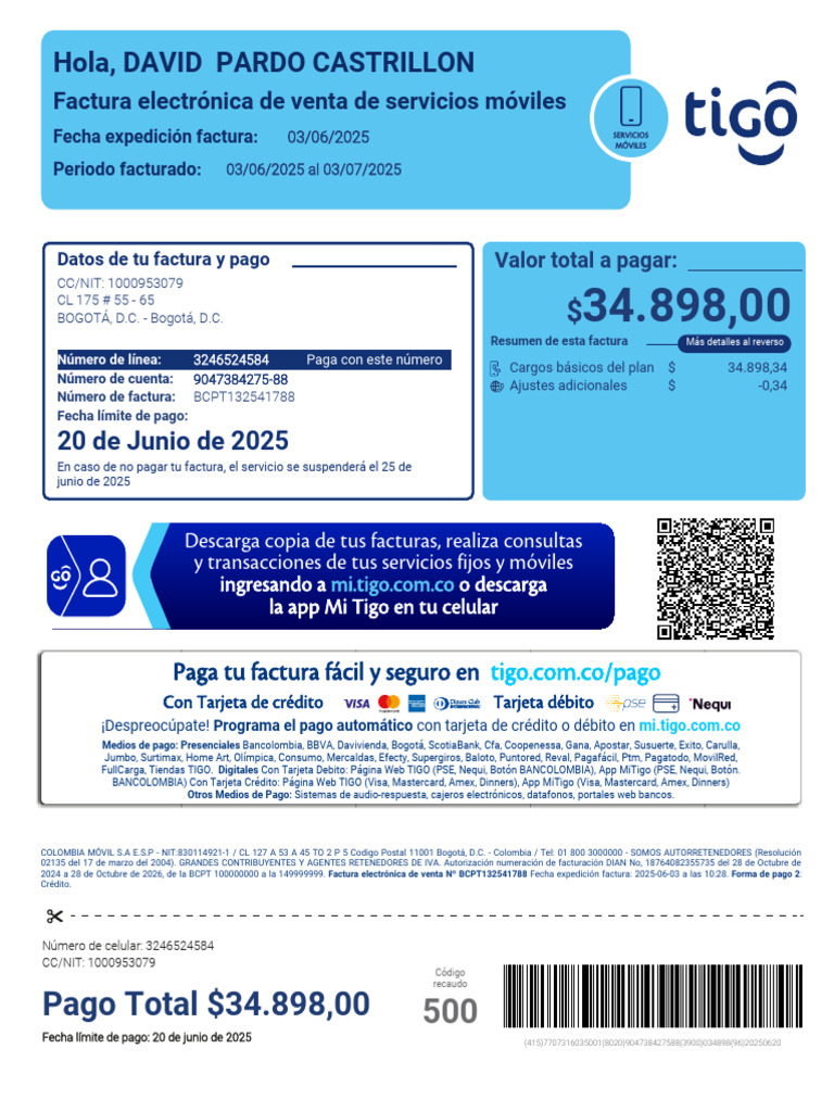 Hola, David Pardo Castrillon: Pago Total $34.898,00 | PDF | Tarjeta de ...