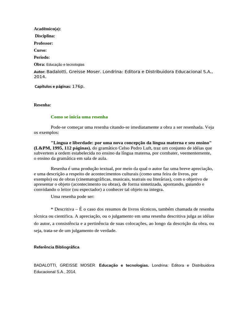 Exemplos de Resenha Descritiva | PDF