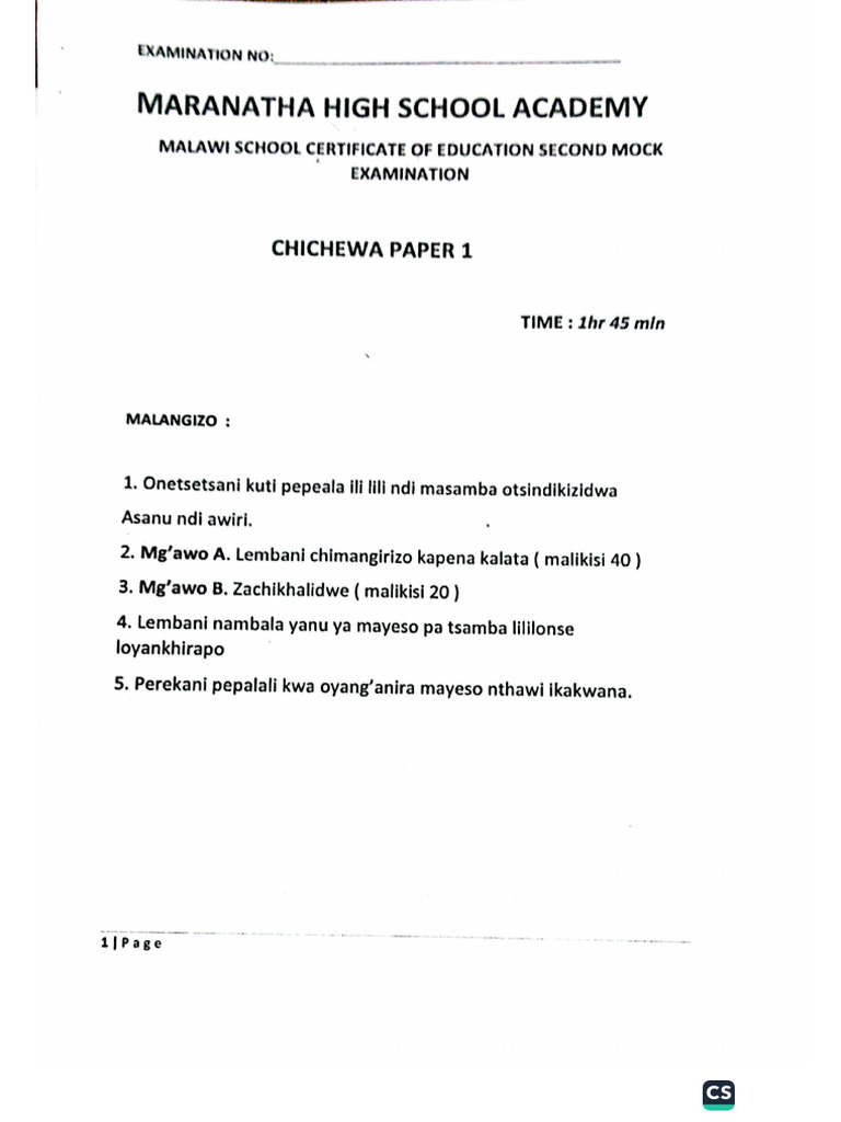 2025 Maranatha Academy Form 4 Mock 2 Chichewa Pi | PDF