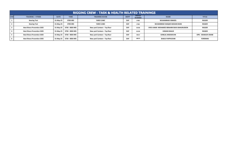 Rigging Crew - Task & Health Related Trainings (31-May-2025) | PDF