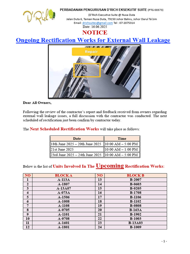 Wall Leakage Rectification Schedule | PDF