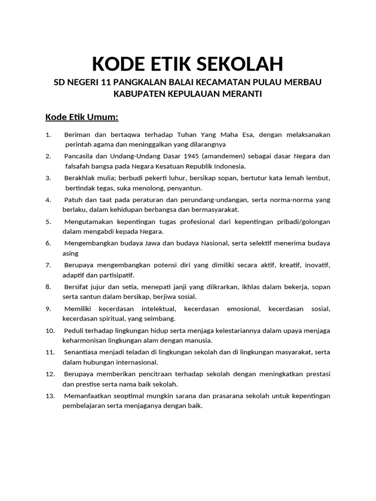 Kode Etik SD Negeri 11 Pangkalan Balai | PDF