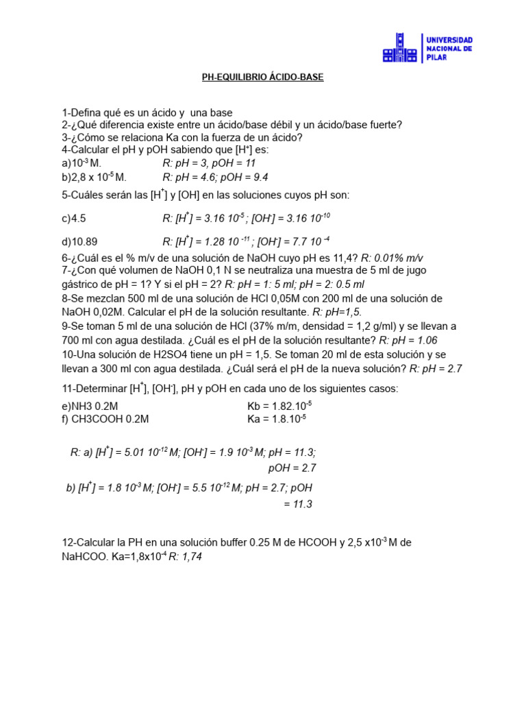 Equilibrio Ácido-Base: Definiciones y Cálculos | PDF