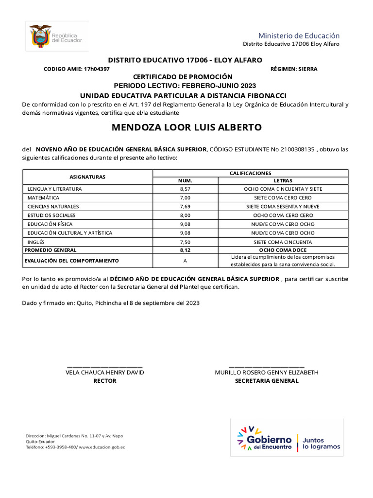 Certificado de Promoción Escolar 2023 | PDF