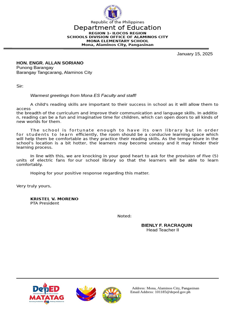 Request for Electric Fans in Library | PDF | Learning | Behavior ...