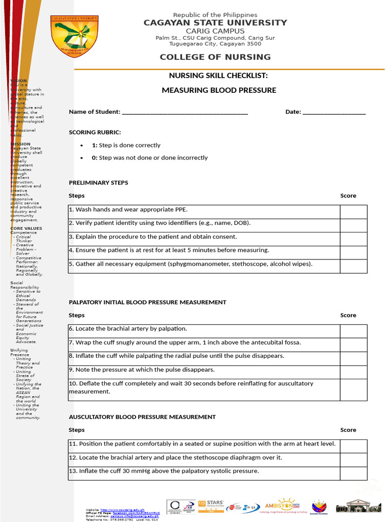 Blood Pressure Measurement Checklist | PDF | Blood Pressure ...