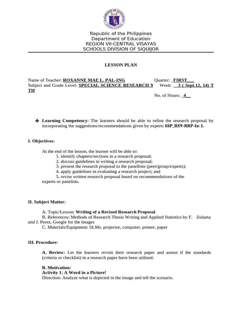 Revised Research Proposal Lesson Plan | PDF | Experiment | Quantitative ...