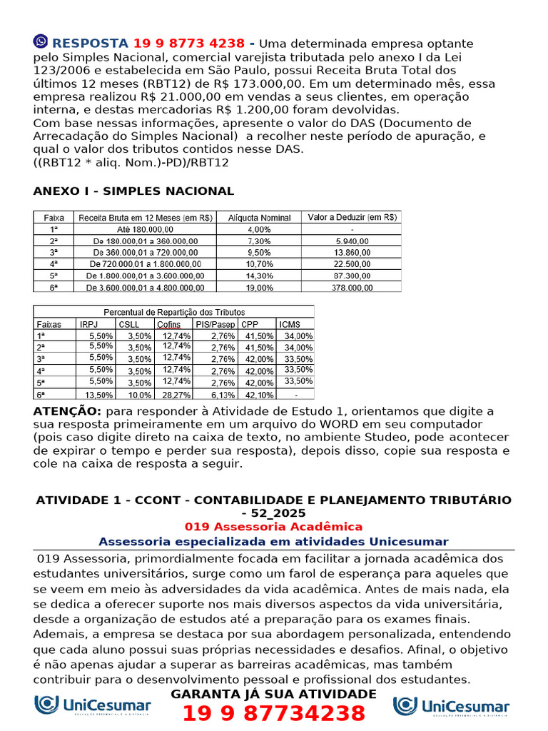 Cálculo do DAS para Simples Nacional | PDF