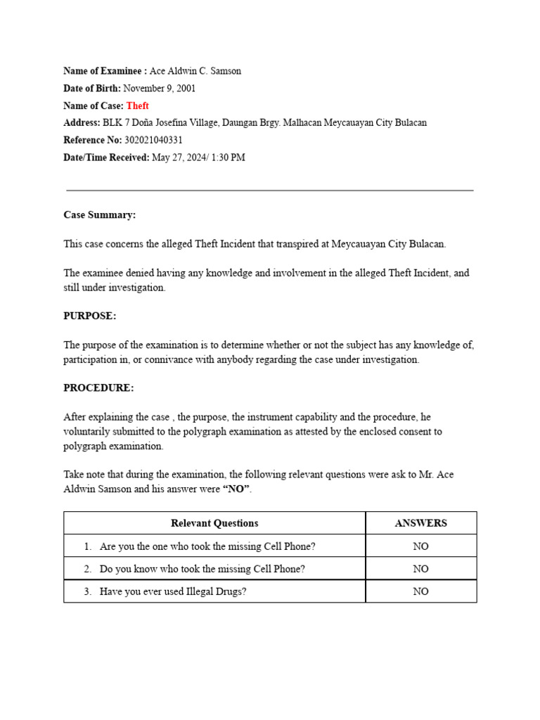 Polygraph Examination Report: Theft Case | PDF