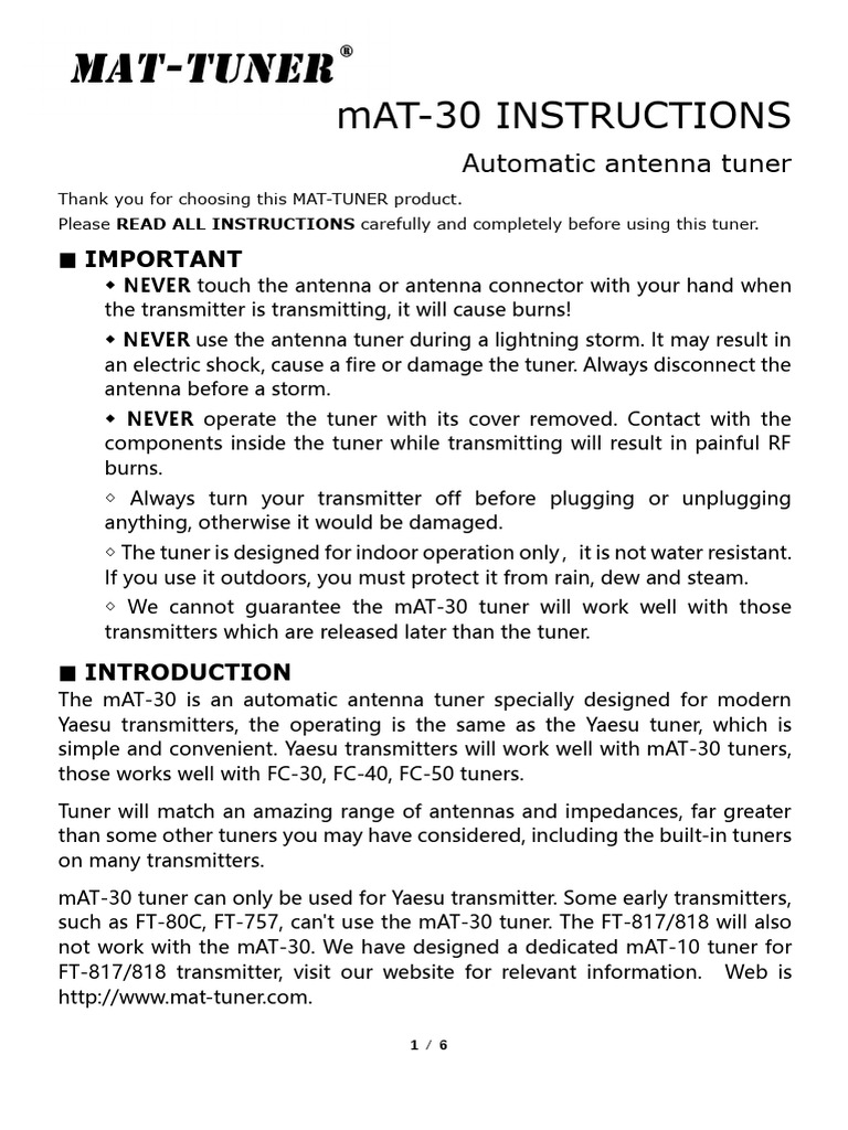 mAT-30 Tuner User Manual | PDF | Electrical Connector | Cable Television
