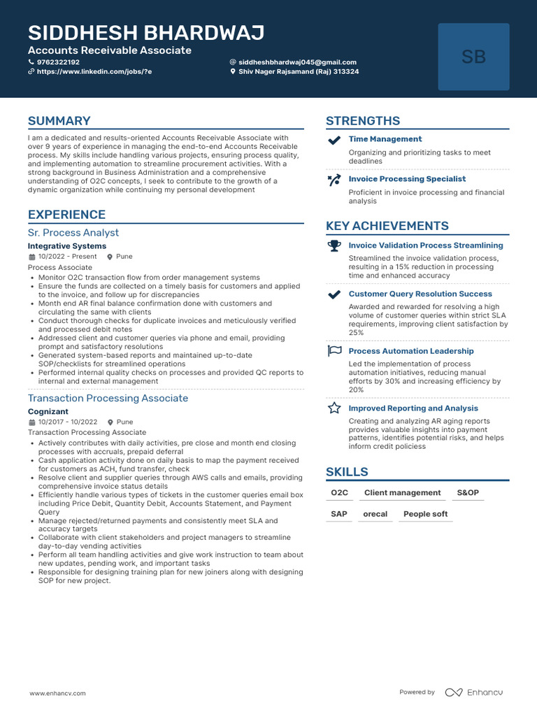 SiddheshBhardwajResume O2C | PDF | Debit Card | Payments