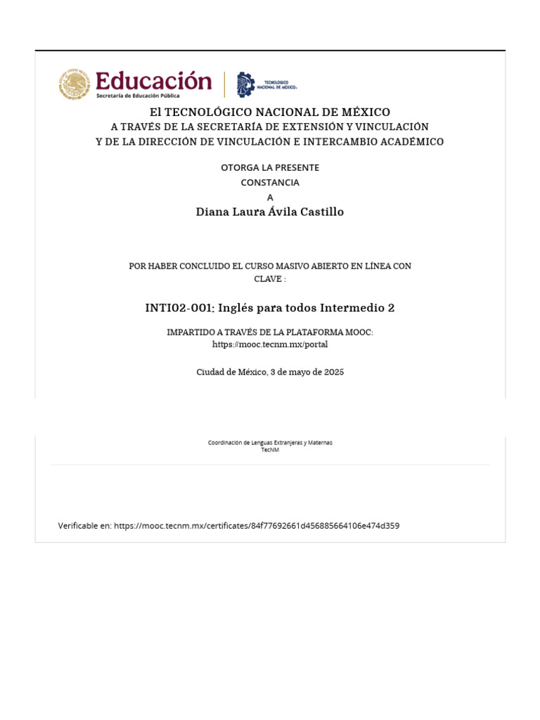 Constancia de Curso de Inglés Intermedio 2 | PDF
