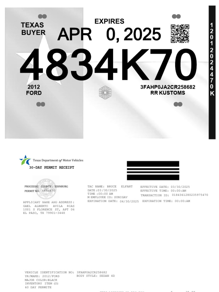 Texas Vehicle Permit Receipt 2025 | PDF