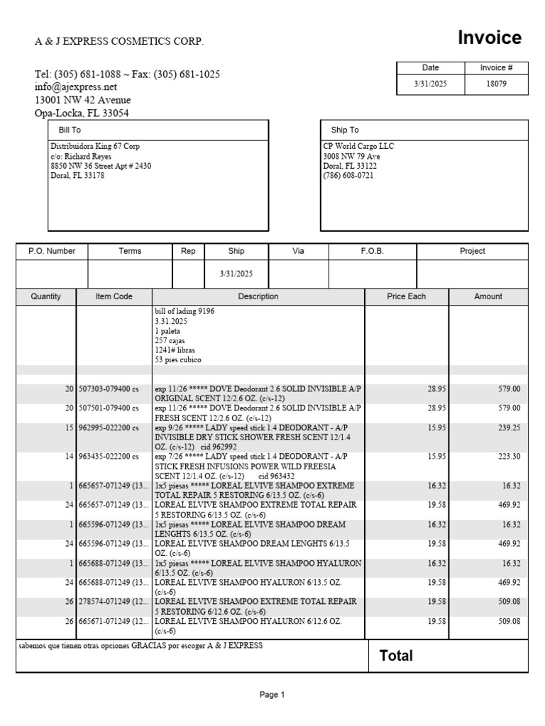 Inv 18079 From A J Express Cosmetics Corp. 12388 | PDF | Business Documents