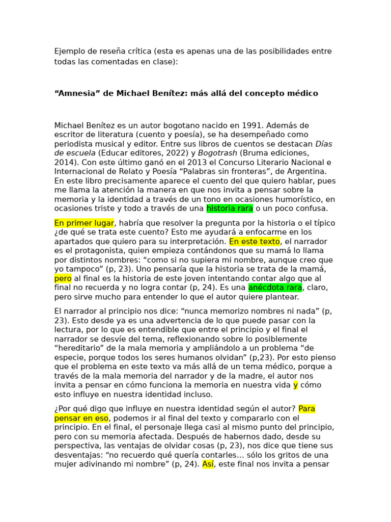 Ejemplo de Reseña Crítica (Amnesia) 2025 | PDF | Memoria | Cuentos