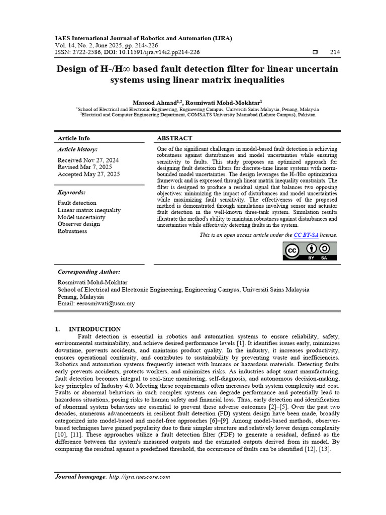 Design of H-/H Based Fault Detection Filter For Linear Uncertain ...