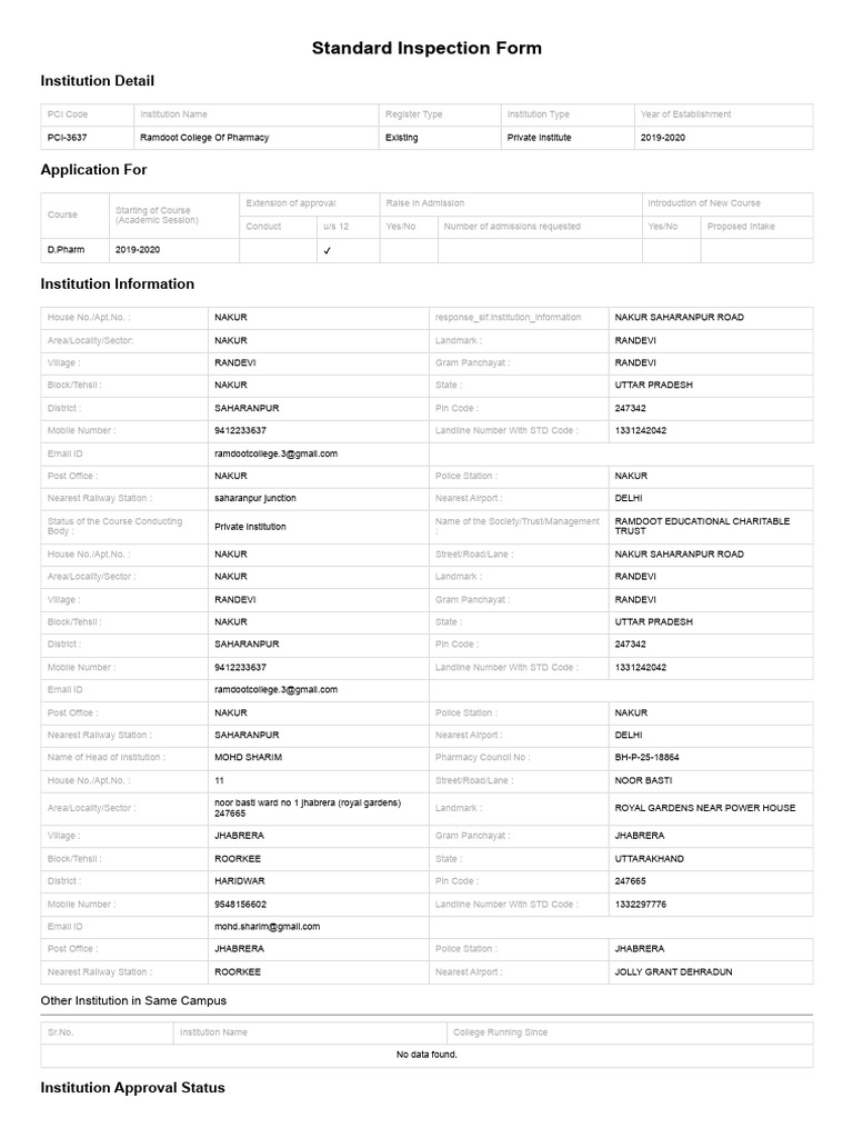 Standard Inspection Form - Ramdoot | PDF | Pharmacology | Academic Term
