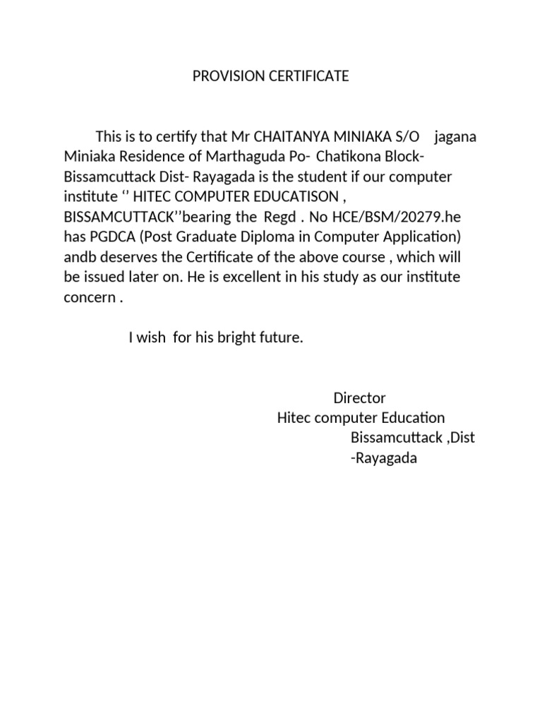 Provision Certificate | PDF