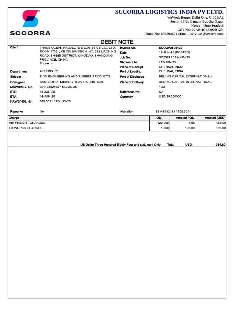 Debit Note for Air Freight Charges | PDF | Cheque | Money