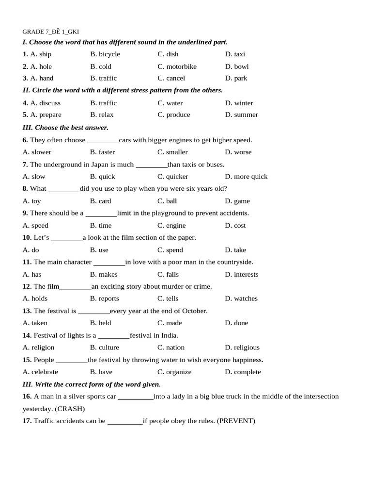 Grade 7 English Exam Practice | PDF | Traffic