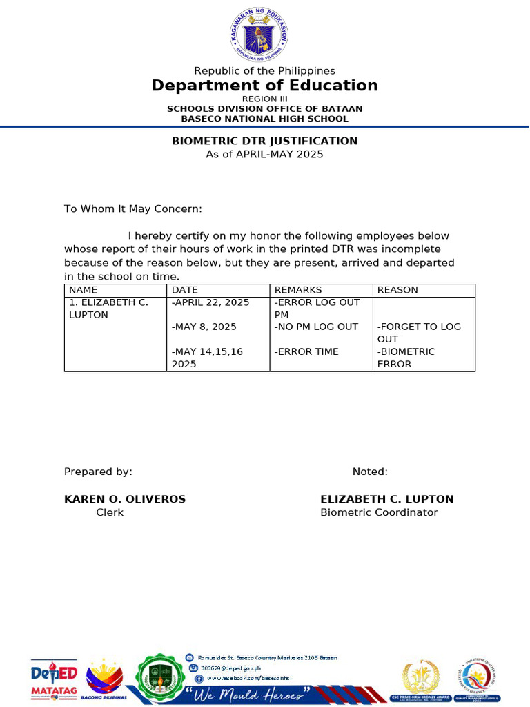 Biometric DTR Justification Reports | PDF | Philippines