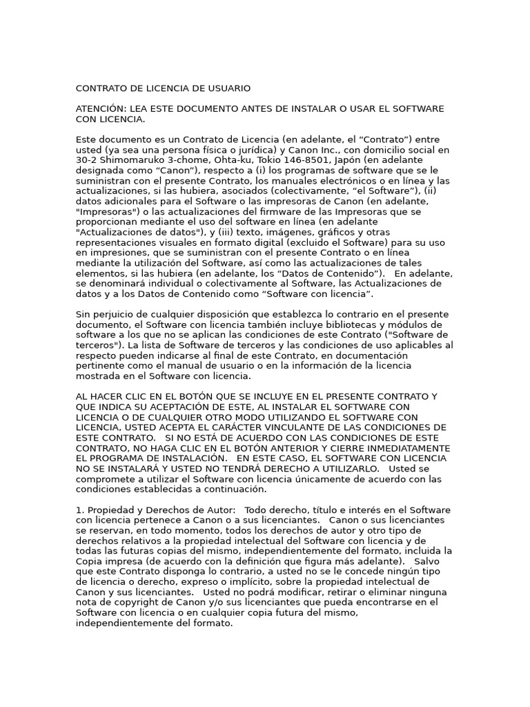Contrato de Licencia de Software Canon | PDF | Software | Derechos de autor