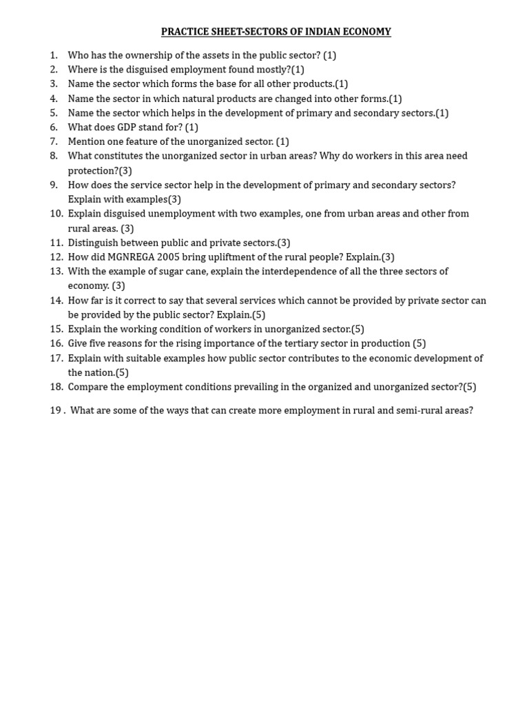 Sectors of Indian Economy Practice Sheet | PDF
