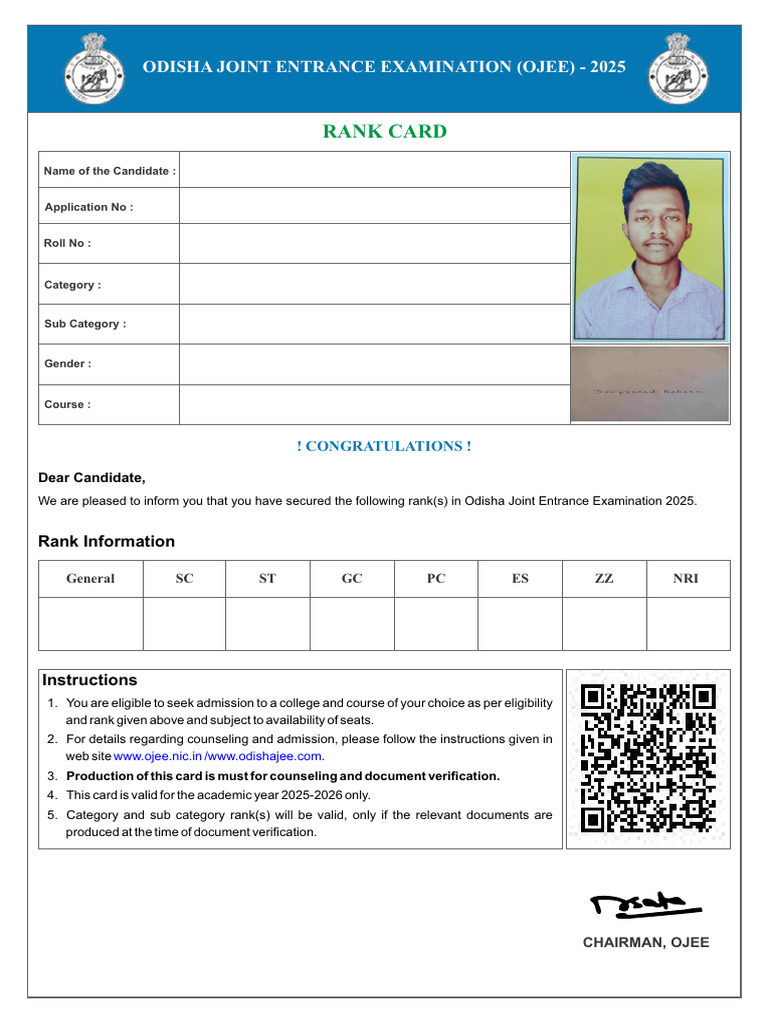 Rank Card: Odisha Joint Entrance Examination (Ojee) - 2025 | PDF