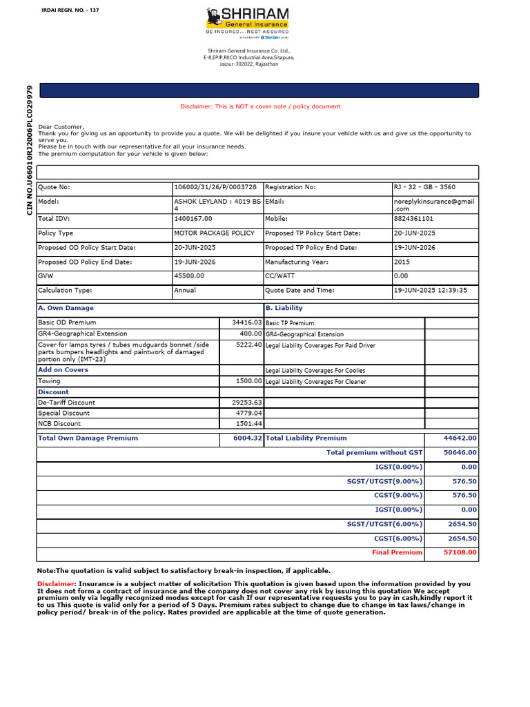 MotorNewQuotation24751000 20250619 123947 | PDF | Insurance | Vehicles