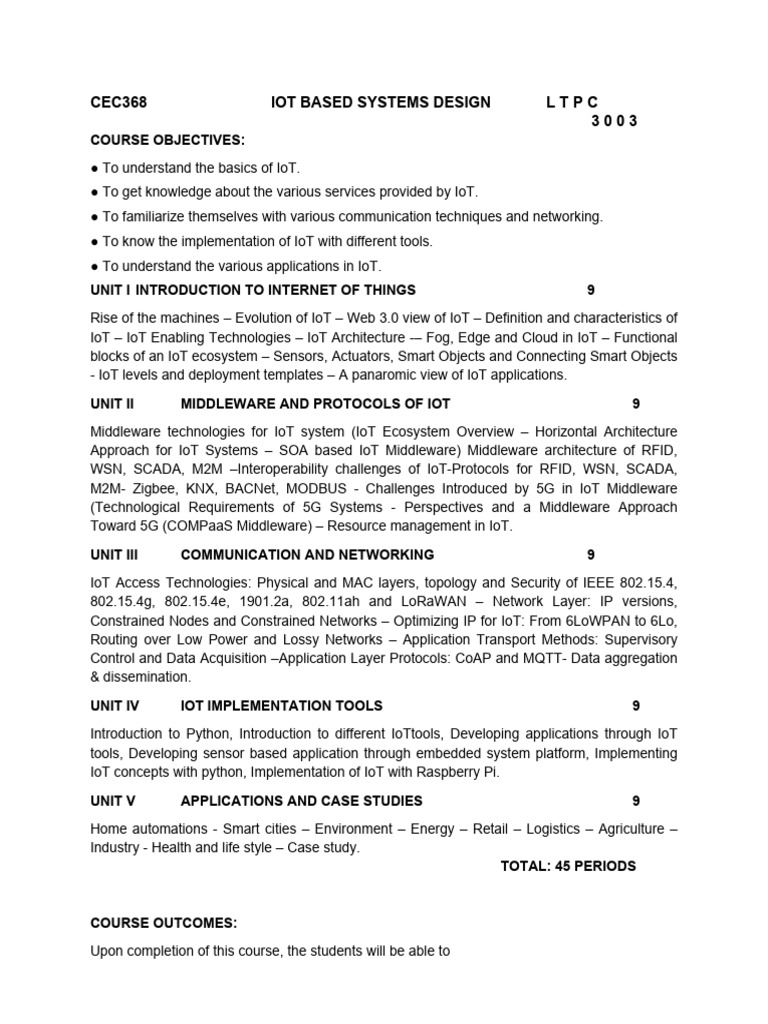 CEC368 Iot Based Systems Design LTPC 3 0 0 3 | PDF | Internet Of Things ...