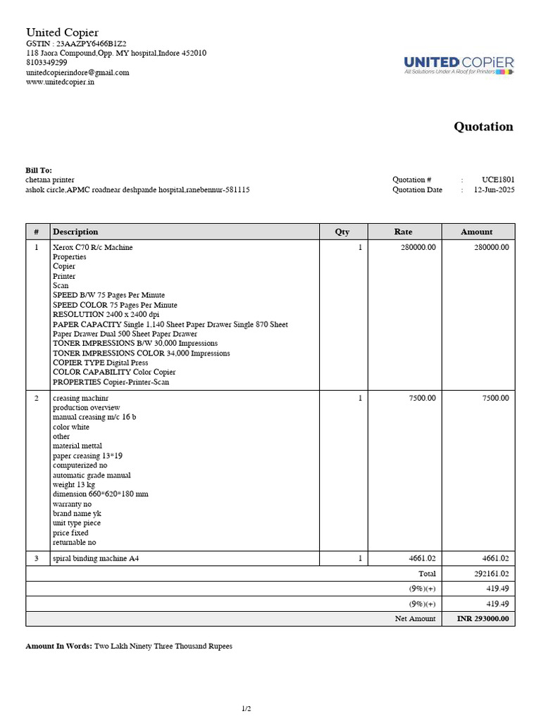 United Copier: Quotation | PDF | Printer (Computing) | Photocopier